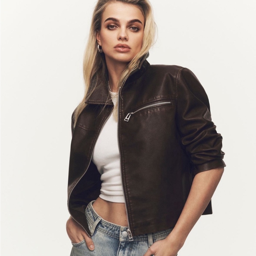 NWT Anthropologie Pilcro Brown Washed Faux-Leather Cropped Moto Jacket sz L